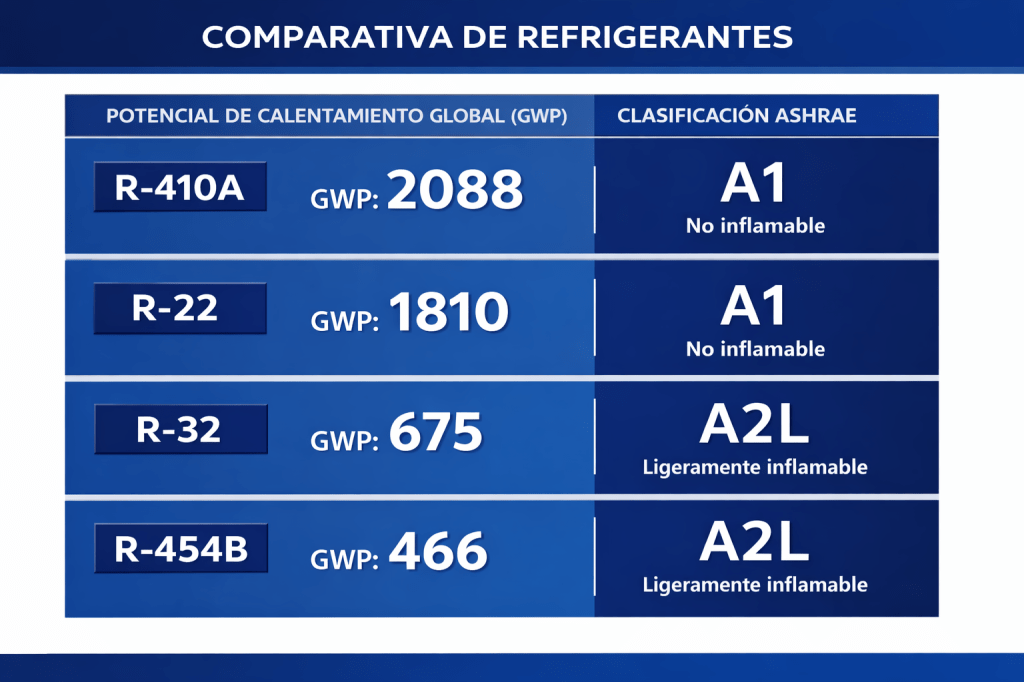 Comparamos en cuanto a GWP y Clasificacion de Inflamabilidad según el ASHRAE a los refrigerantes R410A, R22, R32 y R454B